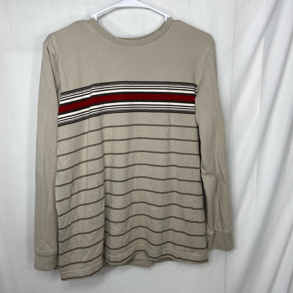 EUC boy’s tan red striped long sleeve Crewcut casual relaxed tshirt shirt large